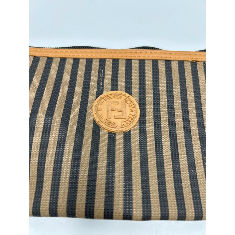 Fendi Pequin Striped Canvas Leather Cosmetic Pouch Bag Brown Black Vintage Italy - Picture 3 of 8
